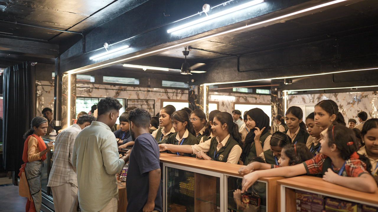 Students waiting at the school cafeteria counter to order snacks during recess
