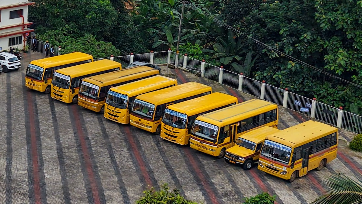 School buses parked in a row on the school grounds